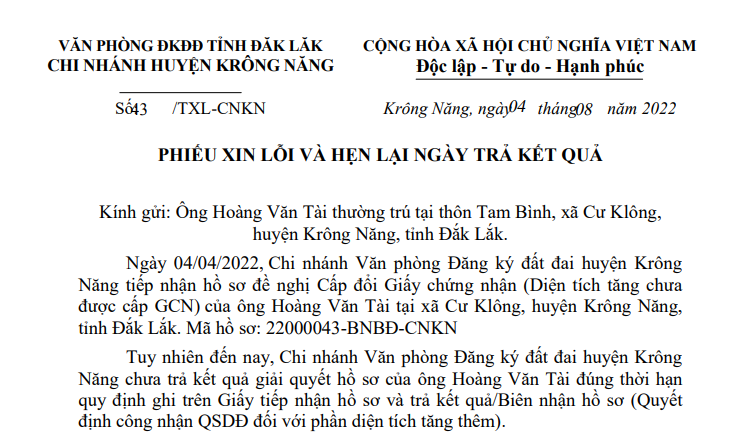Thư xin lỗi ông Hoàng Văn Tài thường trú tại thôn Tam Bình, xã Cư Klông, huyện Krông Năng, tỉnh Đắk Lắk